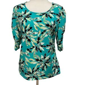 Alfani Top Fitted Aqua Blouse 3/4 Sleeves Size Petite Large Tropical